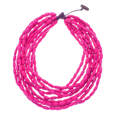 Wood Beaded Strand Necklace in Fuchsia from Thailand