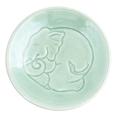 Elephant Motif Handcrafted Thai Celadon Ceramic Salad Plate