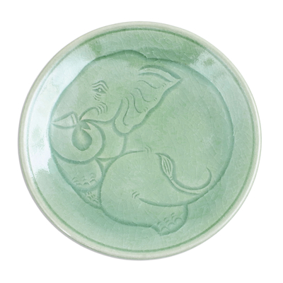 Elephant Motif Handcrafted Thai Celadon Dessert Plate