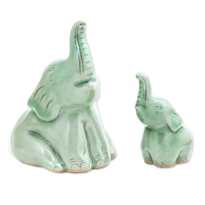 Celadon Ceramic Elephant Figurines from Thailand(Pair)
