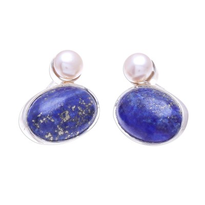 Lapis Lazuli and Cultured Pearl Drop Earrings from Thailand