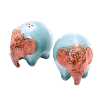 Celadon Ceramic Elephant Salt and Pepper Shakers (Pair)