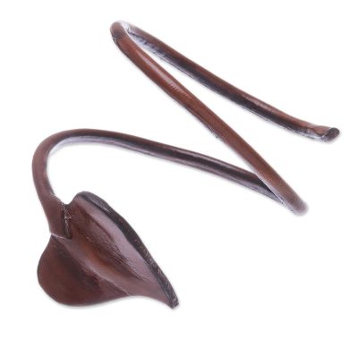 Leaf-Themed Leather Wrap Bracelet in Chestnut from Thailand