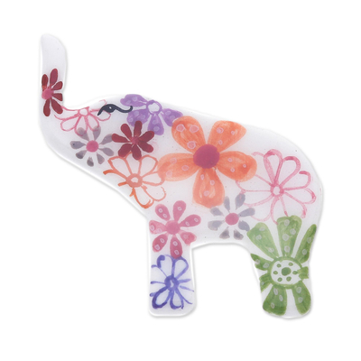 Hand Painted Elephant Brooch Pin with Flowers on White