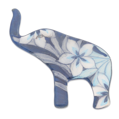 Hand Painted Blue Elephant Brooch Pin with Flowers