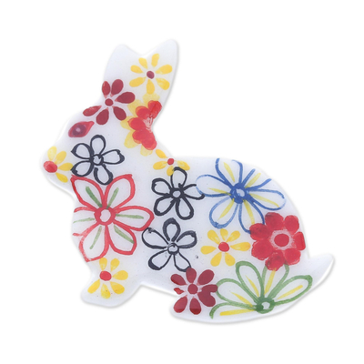 Hand Painted White Rabbit Brooch Pin with Flowers