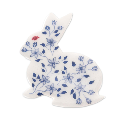 Bunny Rabbit Brooch Pin with Hand Painted Flowers
