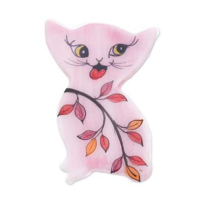 Hand Painted Thai Pink Kitty Cat Brooch Pin