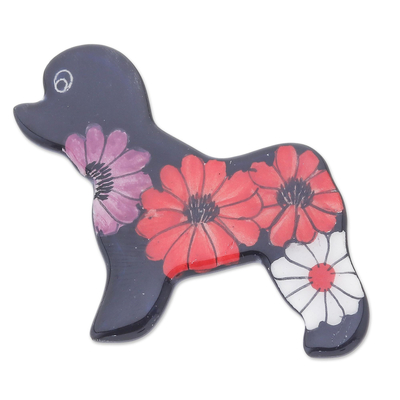 Hand Painted Black Poodle Dog Brooch Pin with Flowers