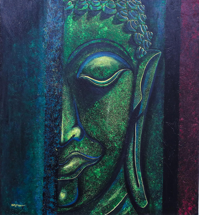 Expressionist Buddha Painting in Green from Thailand