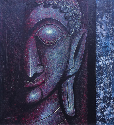Expressionist Buddha Painting in Purple from Thailand