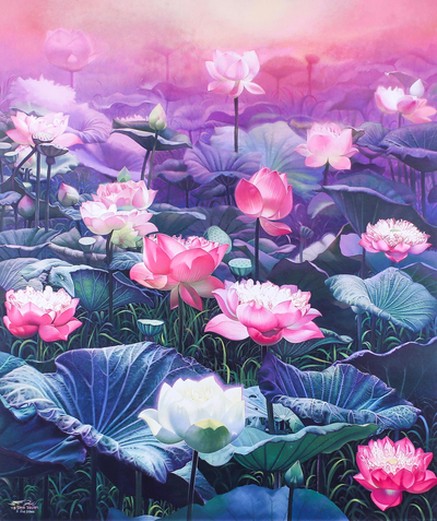 Signed Realist Painting of Lotus Flowers (2019)