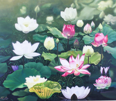 Realist Painting of Pink and White Lotus Flowers (2019)