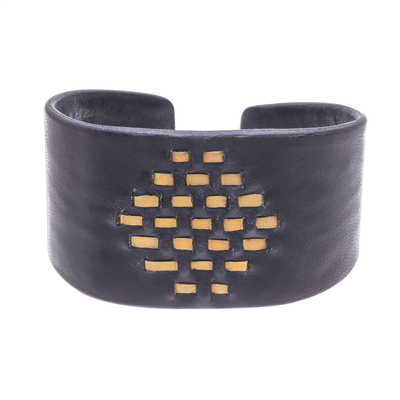 Diamond Pattern Leather and Brass Cuff Bracelet