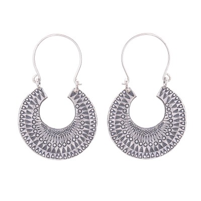 Patterned Crescent Sterling Silver Hoop Earrings