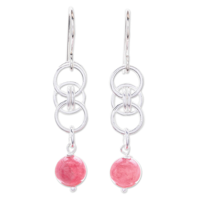 Pink Jade Dangle Earrings with Sterling Silver Rings