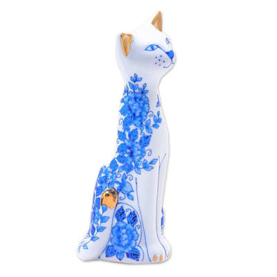 Floral Gilded Porcelain Cat Vase from Thailand