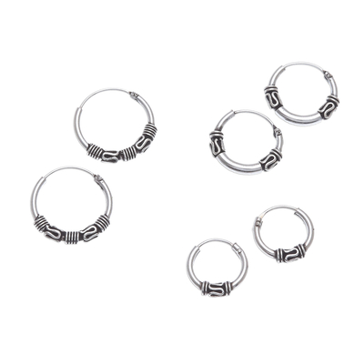 Wave Pattern Sterling Silver Hoop Earrings (Set of 3)