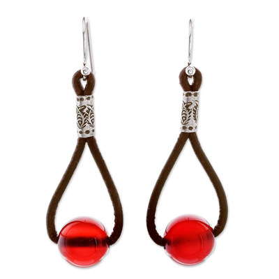 Carnelian and Karen Silver Dangle Earrings with Leather