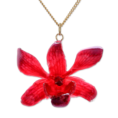 Gold Accented Red-Purple Natural Orchid Pendant Necklace