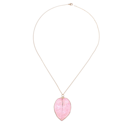 Gold Accented Natural Flower Pendant Necklace in Pink
