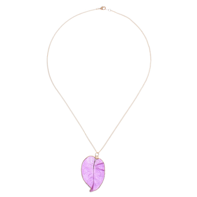 Gold Accented Natural Flower Pendant Necklace in Purple