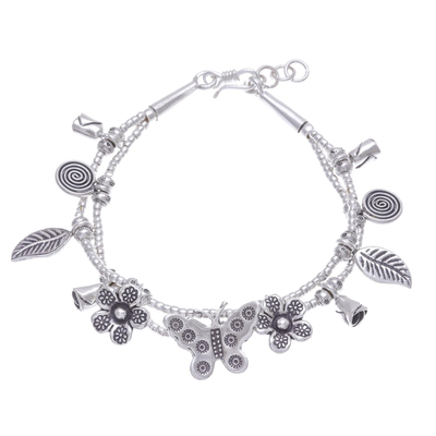 Karen Silver Double Strand Beaded Dragonfly Charm Bracelet