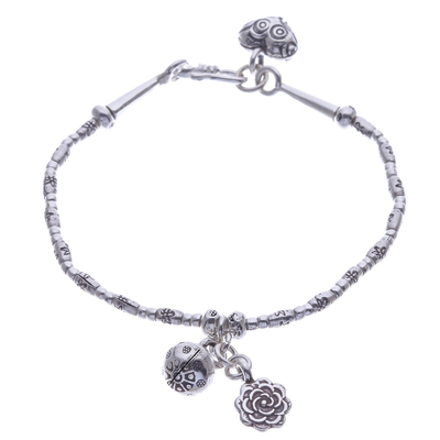 Floral Karen Silver Beaded Bracelet with Bell Charm