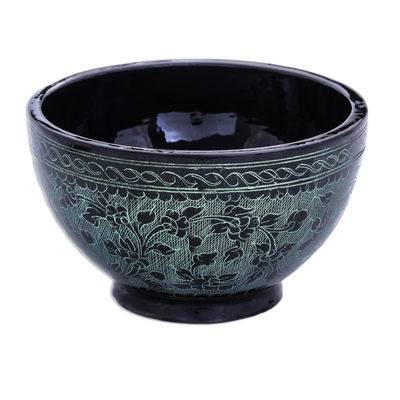 Black and Green Thai Lacquered Decorative Bowl