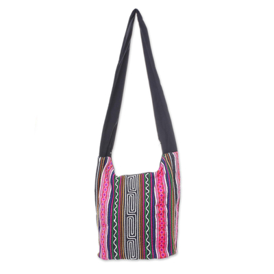 Black and Multi-Color Embellished Cotton Blend Shoulder Bag