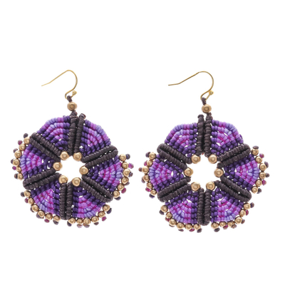 Round Hand-Knotted Dangle Earrings in Purple from Thailand