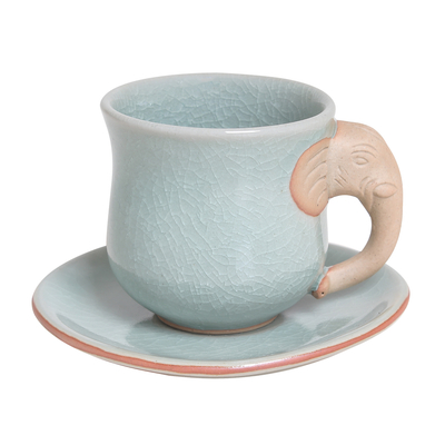 Aqua Celadon Cup and Saucer with Elephant Motif