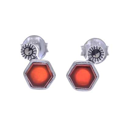Faceted Red Chalcedony and Marcasite Stud Earrings