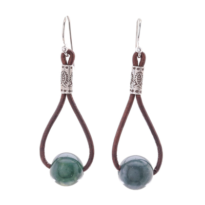 Hill Tribe Green Agate and Leather Dangle Earrings
