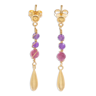 Gold Plated Tourmaline and Amethyst Dangle Earrings