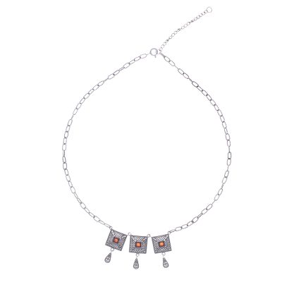 Ornate Geometric Thai Sterling Silver and Carnelian Necklace