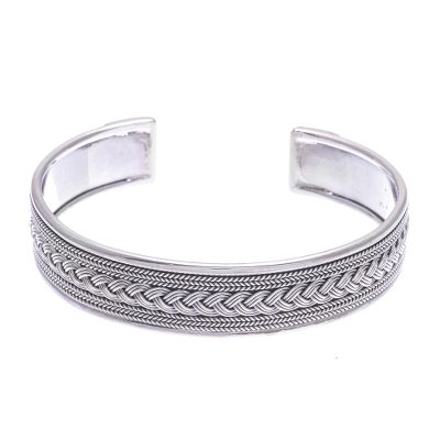 Braid and Rope Motif Sterling Silver Cuff Bracelet