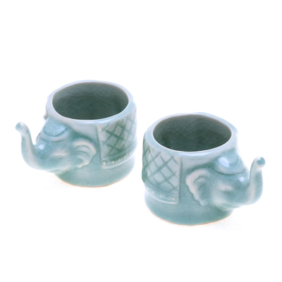 Aqua Celadon Ceramic Elephant Themed Teacups (Pair)