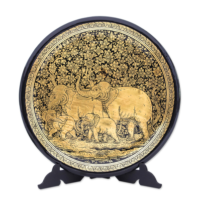 Handcrafted Thai Lacquered Wood Plate with Elephants