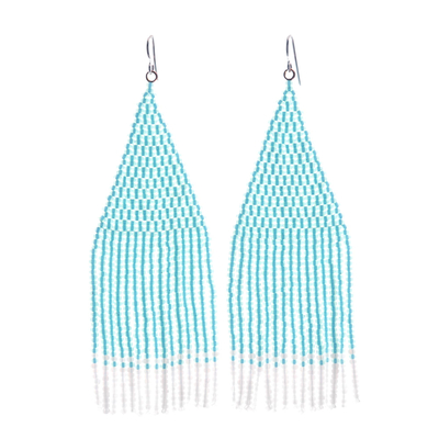 Long Waterfall Beaded Earrings in Mint and White
