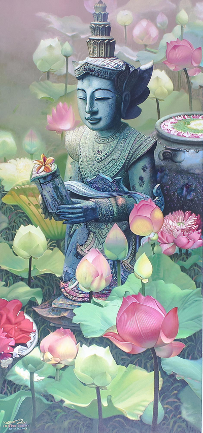 Original Signed Acrylic Painting of Thai Garden