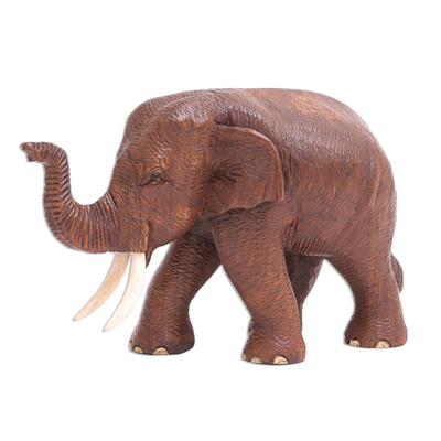 Artisan Crafted Teak Wood Elephant Statuette (Right)