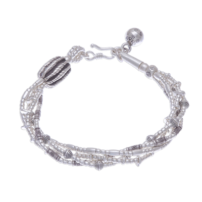 Silver Beaded Bracelet with Stamped Charm from Thailand
