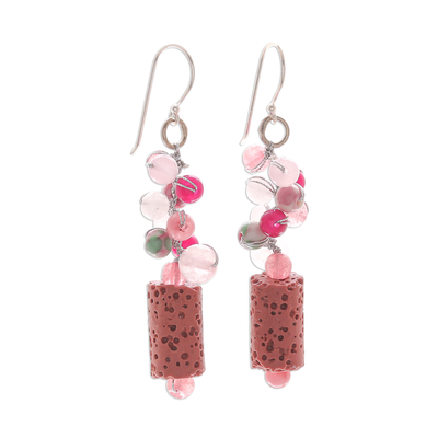 Pink Agate Quartz Bead Cluster Lava Stone Dangle Earrings