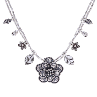 Silver Flower Two Strand Charm Necklace