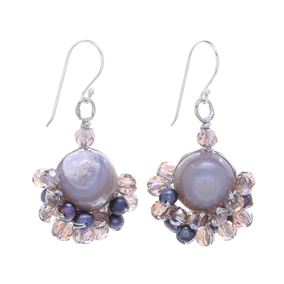 Grey Agate and Cultured Pearl Dangle Earrings