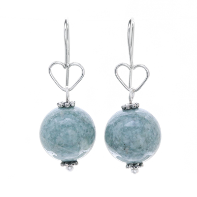 Sterling Silver and Jade Bead Heart Dangle Earrings