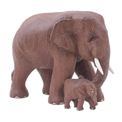Father and Baby Elephant Teak Wood Statuette