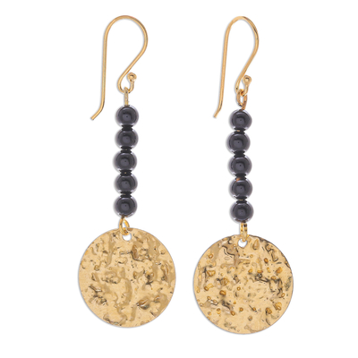 Black Onyx Bead and Brass Coin Dangle Earrings