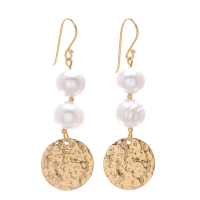 Cultured Pearl and Brass Coin Dangle Earrings
